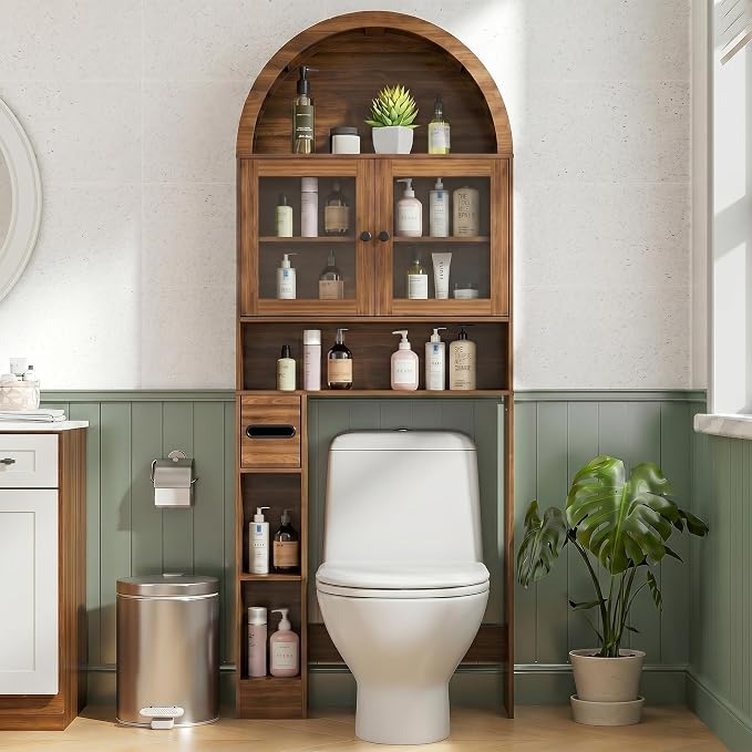 Arched Over The Toilet Storage Cabinet with Glass Doors, Above Toilet Bathroom Organizer, 4 Tier Bathroom Cabinet Shelves with Toilet Paper Holder, Mid Century Modern Storage Rack, Tall, Wide, Walnut