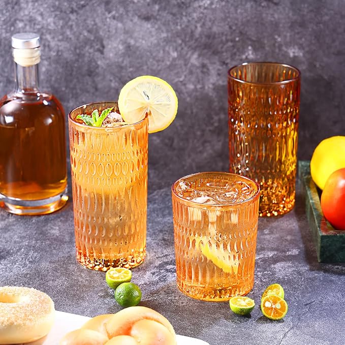 Loivttvv Glassware Drinking Glasses Set of 8, 14 oz Highball Glasses & 10 oz Ribbed Glass Cups, Vintage Glassware for Water, Juice, Cocktail (Thanksgiving Amber)