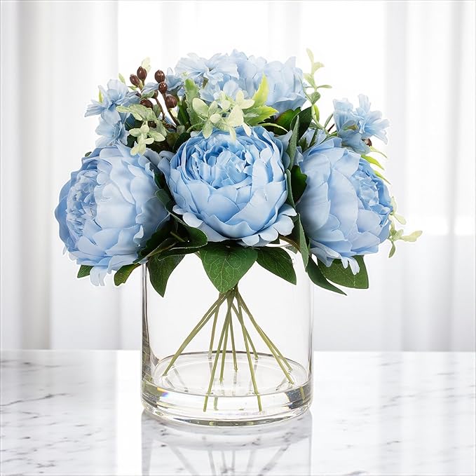 ENOVA FLORAL Artificial Flower Arrangement with Vase,Mixed Artificial Fake Silk Peony Flower in Vase for Decoration Home Office, Wedding Centerpiece (Blue01)
