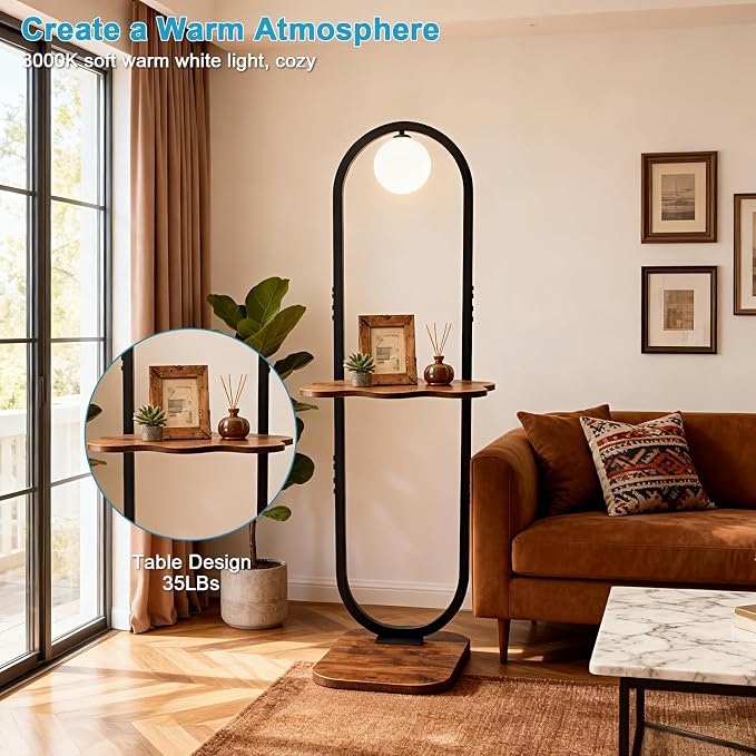 Lightdot 47-Inch Arch Floor Lamp, Modern Standing Lamp with Table, Black Metal Frame with Globe Shade, Living Room Bedroom Lighting, G9 LED Bulb Included for Sofa Beside/Corner Decor