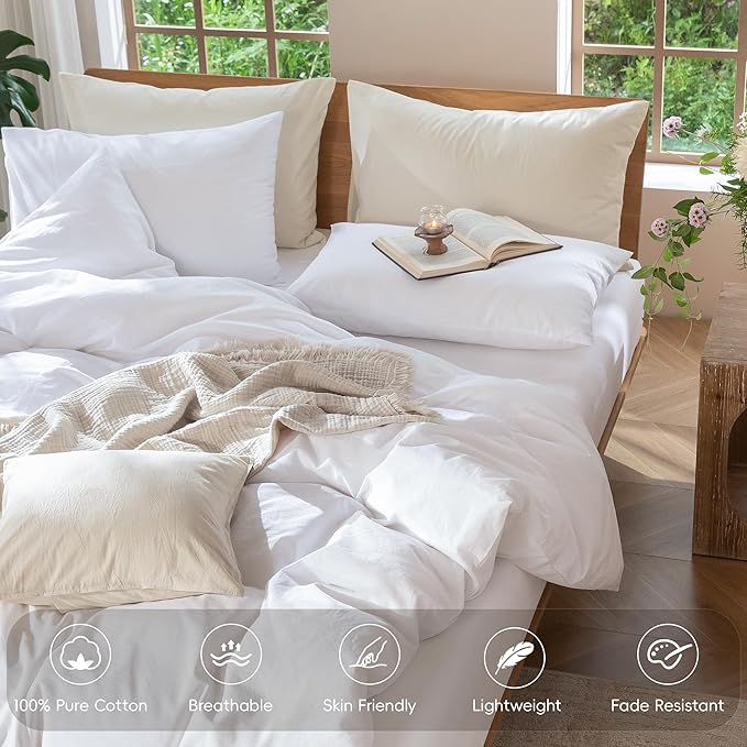 MooMee Bedding Duvet Cover Set 100% Washed Cotton Linen Like Textured Breathable Durable Soft Comfy (Solid Bright White, Cal King 104"x98")
