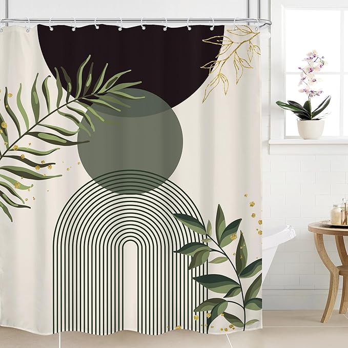 Dark Green Boho Shower Curtain 60Wx72H Teal Green Modern Bohemian Mid Century Abstract Gold Leaves Plant Bathroom Decor Minimalist Geometric Neutral Bath Curtain Fabric Polyester 12 Pack Hooks