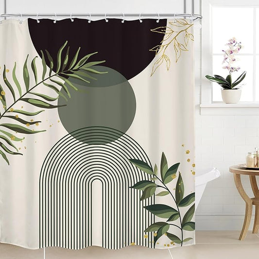 Dark Green Boho Shower Curtain 60Wx72H Teal Green Modern Bohemian Mid Century Abstract Gold Leaves Plant Bathroom Decor Minimalist Geometric Neutral Bath Curtain Fabric Polyester 12 Pack Hooks