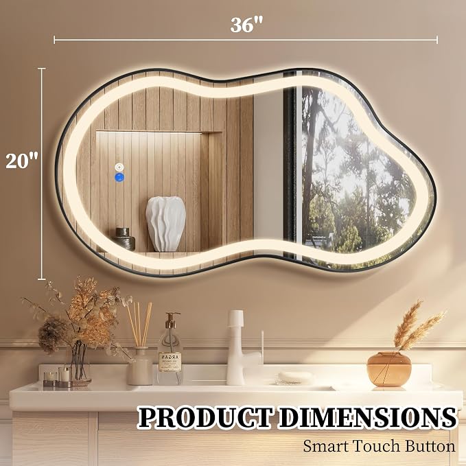 Irregular LED Bathroom Mirror with Lights, Cloud Smart Backlit Mirror, Dimmable Lighted Bathroom Mirror with Anti-Fog, Asymmetrical Vanity Mirror Hangable 2 Ways (Black, 20" x 36", 1 Pack)