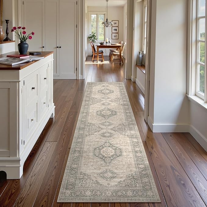 Lahome Oriental Washable Rug Runner, 2x8 Ultra-Thin Hallway Runner Rug with Rubber Backing, Distressed Non Skid Long Carpet for Kitchen Entryway Laundry Room, Grey/Brown