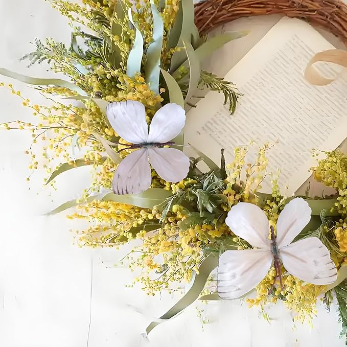 12 PCS Artificial Fabric Butterflies, 2 Sizes Reusable Butterly Crafts Decor, DIY 3D Butterfly Decorations for Fake Flowers Floral Nursery Wedding Tea Party Birthday Easter Spring. (White Black Large)