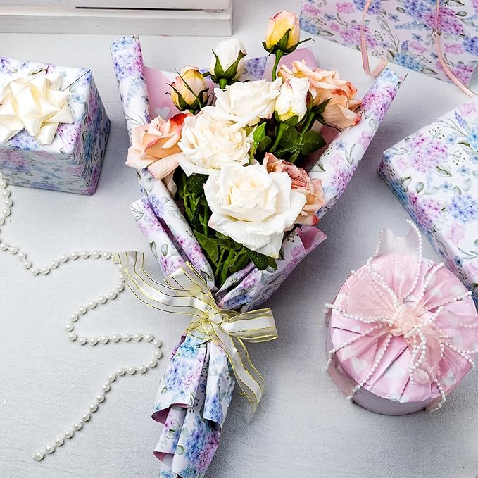 Yarcony Blue Floral Wrapping Paper Roll - Mini Roll,17 Inch X 33 Feet - Elegant Watercolor Hydrangea Flower Gift Wrap for Wedding, Bridal Shower, Anniversary, Mother's Day, Birthday