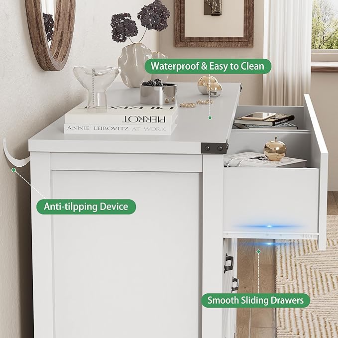 Dresser for Bedroom with 8 Drawers, 54" Wide Wood Chest of Drawers with Deep Drawers & Mental Handle, Modern Dresser TV Stand, Wooden Closet Storage Organizer for Living Room, Hallway, Entryway, White