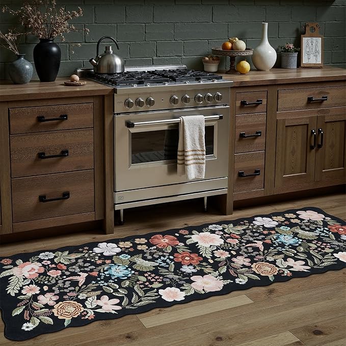 DCX Black Floral Rug 2x6, Washable Black Rug for Living Room, Kid & Pet Friendly with Rubber Back Non Slip, Soft Low Pile Carpet, Stain Resistant Rug for Bedroom, Nursery, Dining Room