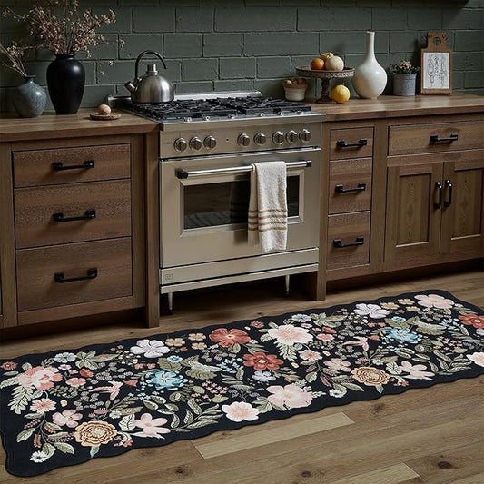 DCX Black Floral Rug 2x6, Washable Black Rug for Living Room, Kid & Pet Friendly with Rubber Back Non Slip, Soft Low Pile Carpet, Stain Resistant Rug for Bedroom, Nursery, Dining Room