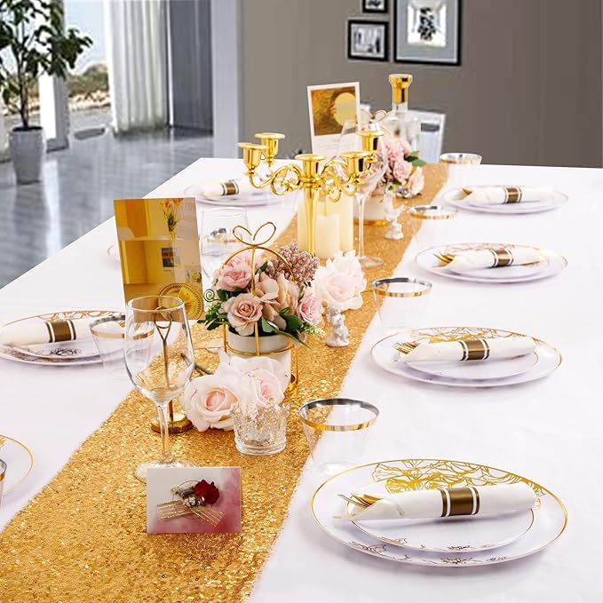 DaYammi 210Pcs White Gold Plastic Plates for Party,Gold Disposable Dinnerware Set Includes 60 gold floral plates,30 plastic Silverware,30 Per Rolled Napkins,30 Plastic Cups for Christmas Party Wedding