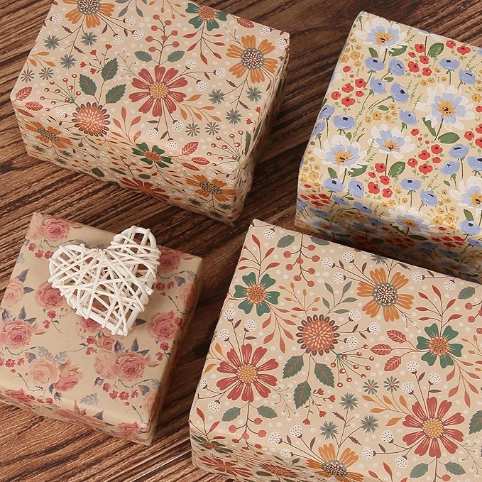 Aimyoo Kraft Floral Wrapping Paper Bundle, Vintage Spring Flowers Rose Gift Wrap Paper for Wedding Bridal Shower Birthday, 3 Rolls 17 in x 12 ft per Roll