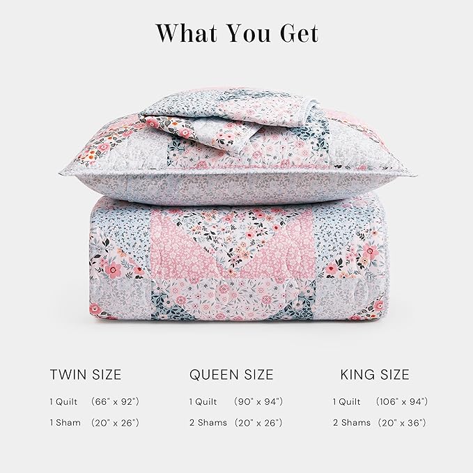 Quilt Set Twin Size, Patchwork Pink Floral Quilt Sets, Reversible Bedspread Lightweight and Breathable for All Seasons, Soft Quilted Bedspread with 1 Pillow Sham