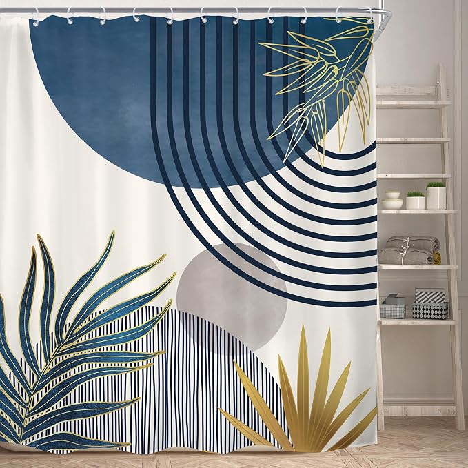 KOMLLEX Mid Century Boho Shower Curtain for Bathroom Decor 72Wx78H Inches Navy Blue Gray Abstract Modern Minimalist Arch Leaves Geometric Neutral Fabric Waterproof Polyester 12 Pack Hooks Pack Hooks