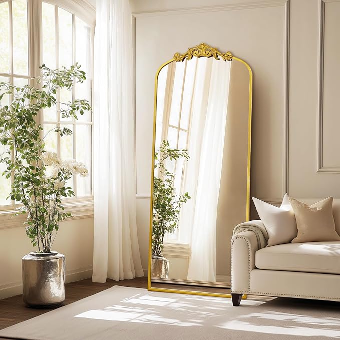 71" x 30" Gold Arch Full Length Mirror, Vintage Ornate Baroque Floor Mirror with Decorative Crown, Large Arched Wall Mounted Dressing Mirror for Bedroom, Living Room, Entryway
