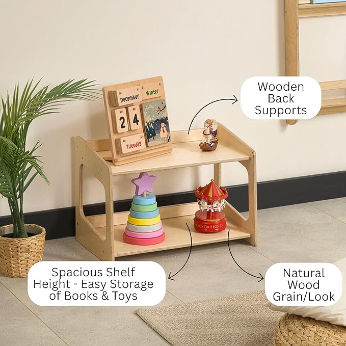Montessori Bookshelf for Toddlers Solid Wood Toy Storage Shelf Organizer for Playroom and Classroom Floor Bookshelf for Kids Room (Natural, 2-Shelves)