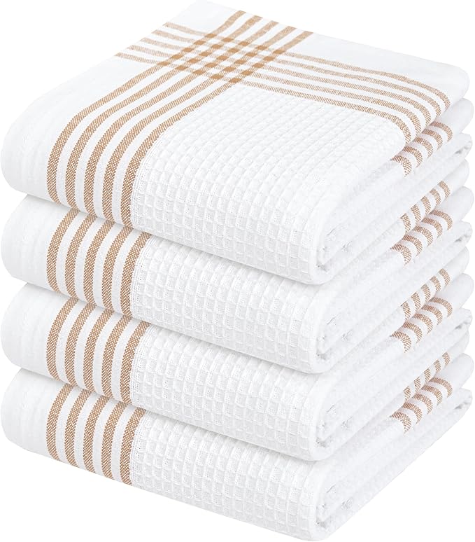 Waffle White & Brown 4 Pack Kitchen Towels Set, 100% Cotton, 16x26 inches, Professional Quality Cleaning Towel for Bar, Home, Restaurant Use, Absorbent Dish Cloths for Drying Dishes