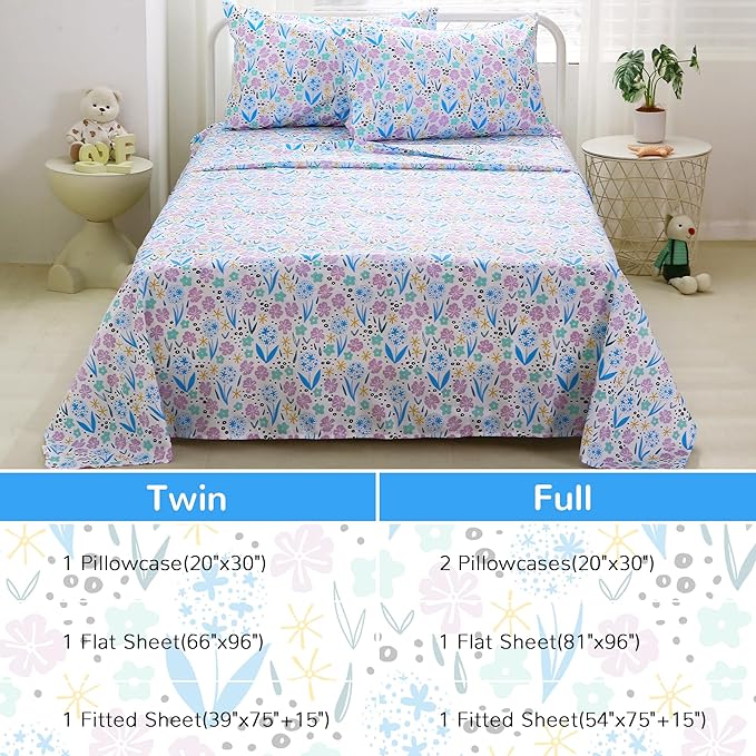 Viviland 4 Pieces Girls Purple Floral Full Sheet Set - Soft Microfiber Fitted Flat Sheets & Pillowcases - Purple Colorful Flower Print Bedding Sets - for Kids & Toddlers