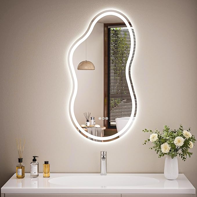 Cloud Shape Asymmetrical LED Vanity Mirror with Lights, 32"x20" Fogless Lighted Bathroom Mirror, 4mm Tempered Glass, Dimmable 3-Color & Memory Function, Wall Mounted (Horizontal/Vertical)