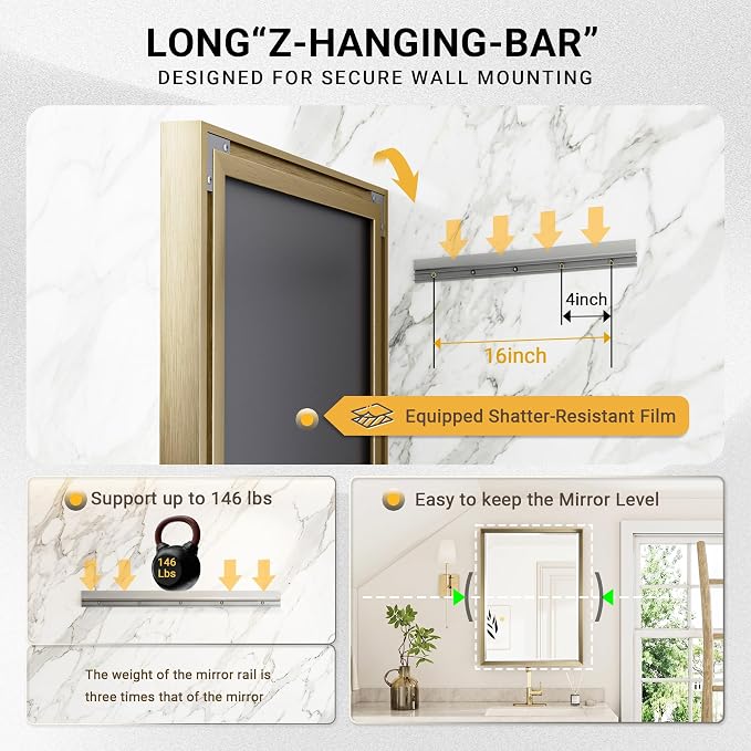 48 x 36 Gold Bathroom Mirror, Brushed Gold Beveled Bathroom Mirror, Shatterproof Large Gold Frame Rectangle Mirror, Brushed Brass Gold Framed Vanity Mirror Vertical/Horizontal Wall-Mounted