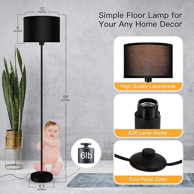 AUQUEE Floor Lamps for Living Room, Modern Standing Lamp, Black Lamp Shades, Foot Switch, Simple Pole Lamps Corner Lamp for Bedroom,Office, Living Room, Den, Bright Reading Floor Lamp(Without Bulb)