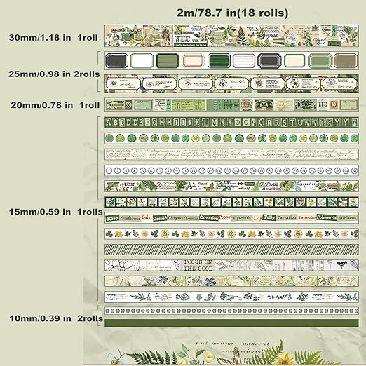 Auguro 18 Rolls Botanical washi Tape Set for Crafts and Journaling DIY Scrapbooking Supplies Flower washi Tape for Scrapbooking Decorating Tape