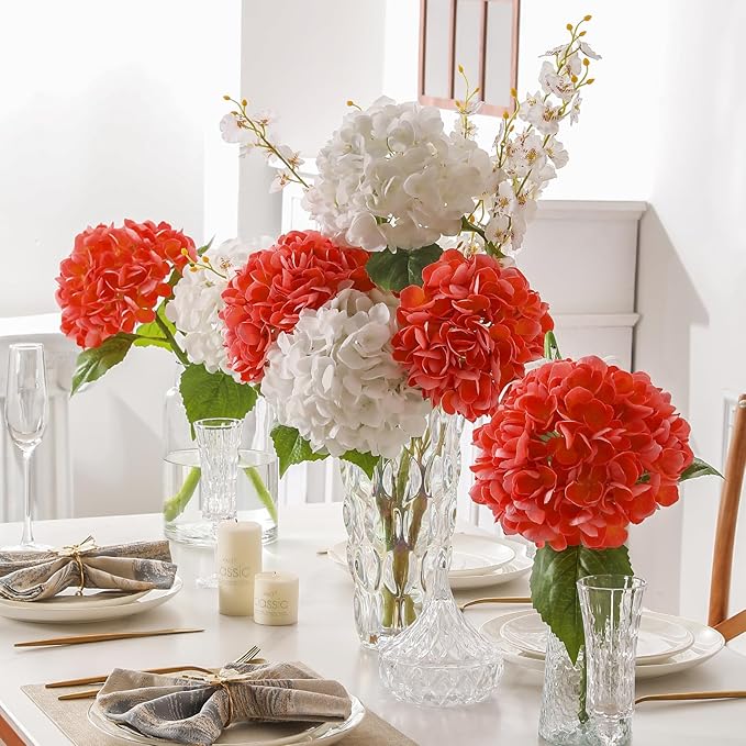 3Pcs Hydrangea Artificial Flowers, 22.44" Real Touch Latex Faux Hydrangea with Long Stems & Leaves for Home Office Decor or Wedding, Party, Centerpieces, Floral Arrangements (Orange)