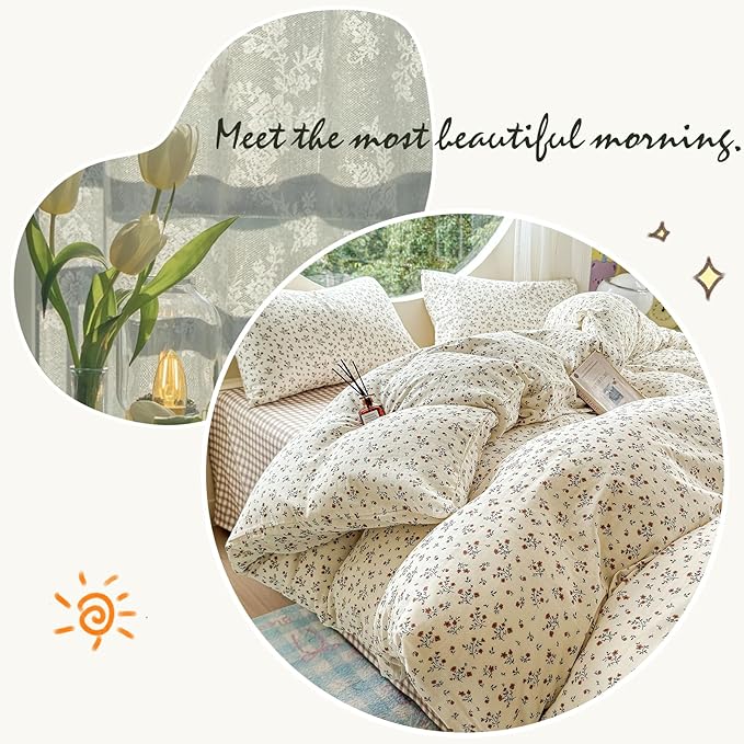 EAVD Garden Style Small Floral Duvet Cover Twin Size Soft 100% Cotton Muslin Bedding Set with Floral Print Fresh Cottagecore Botanical Pattern Duvet Cover with Zipper Closure