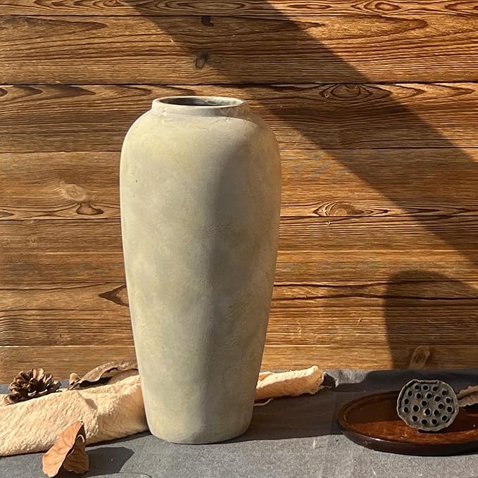15 Inch Farmhouse Ceramic Rustic Vase, White Grey Flower Vases for Centerpieces & Home Decor, Handmade Pottery Vases for Living Room, Bedroom & Wedding Decor, Vintage Ceramic Vase for Gifts