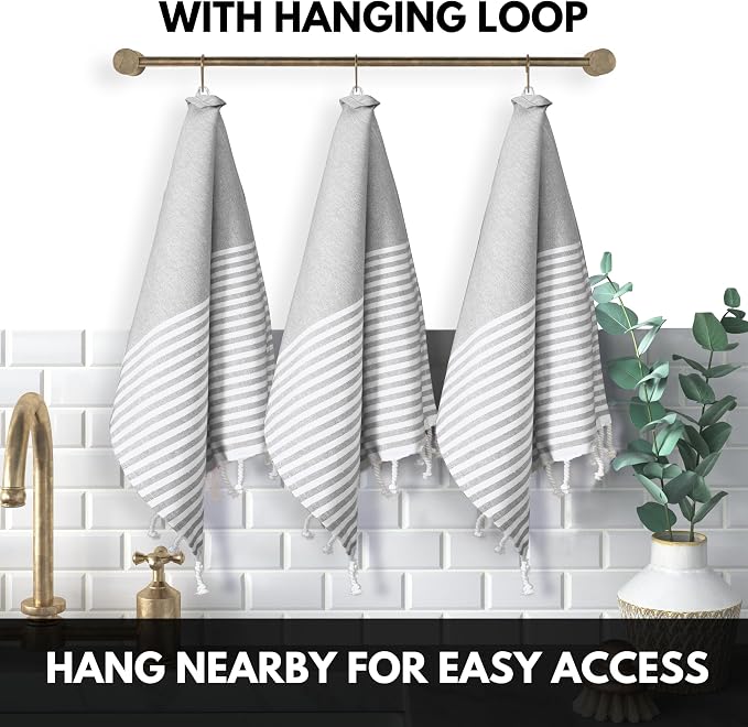 Turkish Kitchen Towels 18x26 Inches with Tassels - 4 Pack - Ultra Absorbent, Durable, Soft 100% Cotton Dish Towels for Drying & Cleaning - Machine Washable, Quick-Dry - Melange Grey