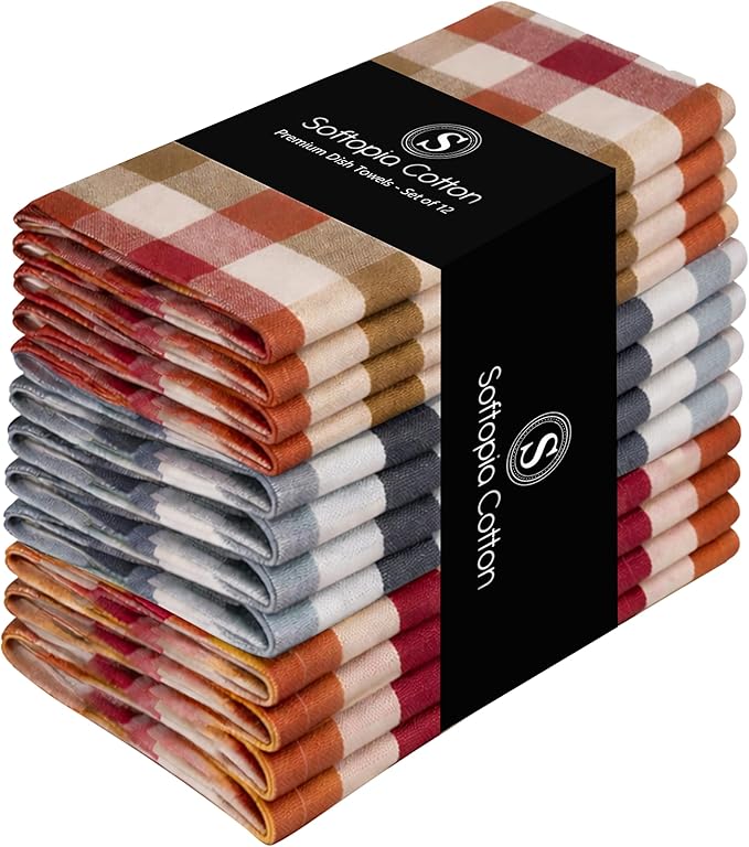 Multi Check Tea Towels 12 Pack Combo, 18"x26", Dish Towels for Kitchen Drying, Reusable Rags, Absorbent, Washable Cloths, Cleaning Towels for Dishes - Rust, Tan, Grey, Burgundy, Brown