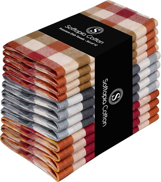 Multi Check Tea Towels 12 Pack Combo, 18"x26", Dish Towels for Kitchen Drying, Reusable Rags, Absorbent, Washable Cloths, Cleaning Towels for Dishes - Rust, Tan, Grey, Burgundy, Brown