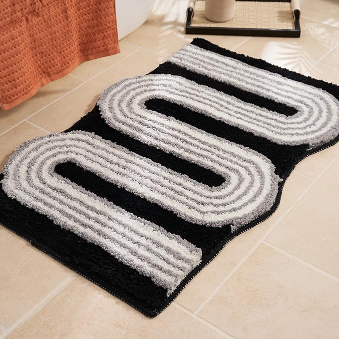 Wavy Boho Bathroom Rugs, Cute Retro Scalloped Bath Mat with Funky Geometric Design, Black Room Decor Cool, Machine Washable Soft Non-Slip Bath Rug, Black and White Bathroom Rugs, 30" x 20"