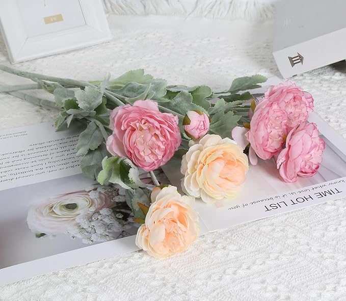 IPOPU Artificial Peonies 6pcs Ranunculus Silk Flowers 18Heads Pink Flowers Combo Champagne Fake Flowers 20.47" Faux Floral Arrangements Wedding Decorations for Home Kitchen (Champagne&Pink)