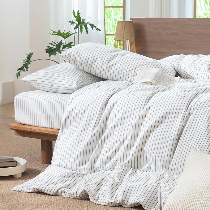 MooMee Striped Duvet Cover Set 100% Washed Cotton Linen Like Textured Breathable Durable Soft Comfy (White Heathered Green Wide Stripes, Oversized Full 82"x86")