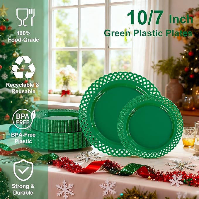COLOSUS 60Pcs Green Christmas Plastic Plates, Fancy Green Scallop Plates, Heavy Duty Lace Hollowed Out Plate include 30 Dinner plate 10” and 30 Salad/Dessert plate 7.5”for Christmas