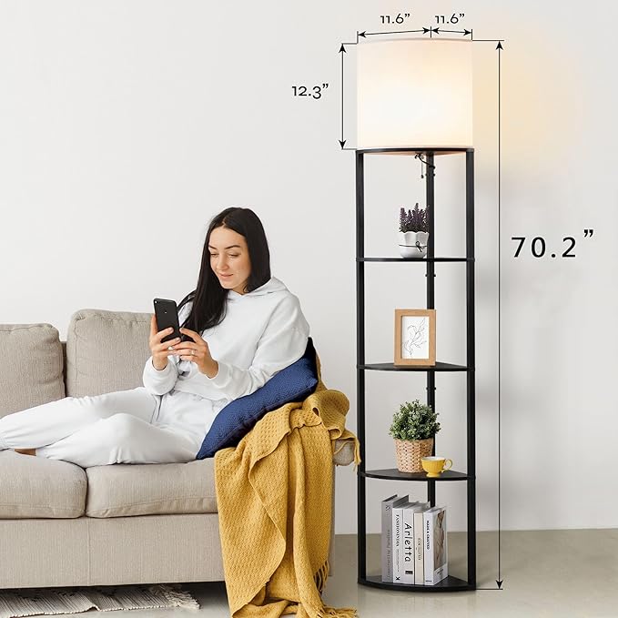 Corner Floor Lamp with Shelves, Tall Corner Lamp with Fabric Shade, Modern Torchiere Lamp for Living Room, Bedroom, Office, Corner Display Shelf with Light, Home Decor, Black