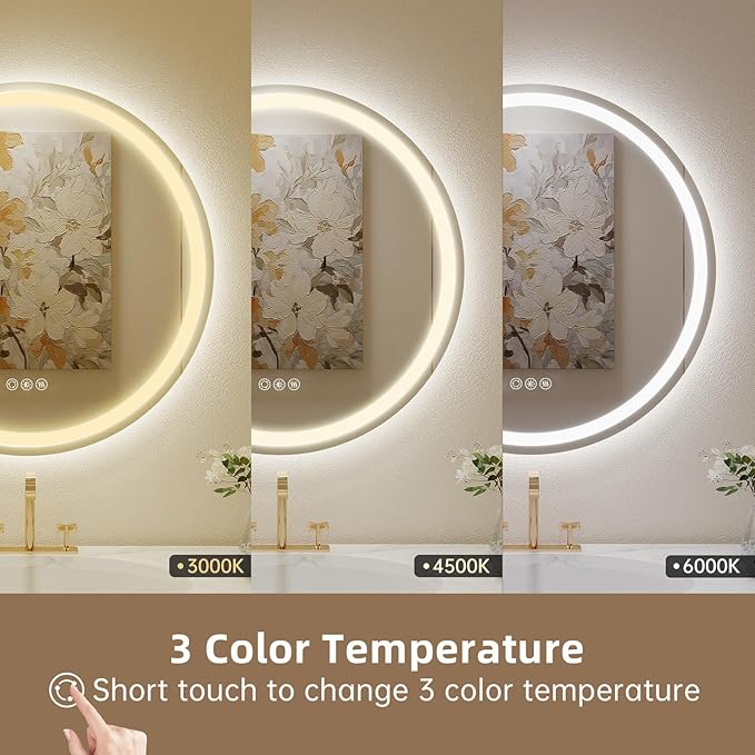 LOVESPEJO 30" Round LED Mirror for Bathroom, Circle LED Bathroom Vanity Mirror with Lights, Anti-Fog, Dimmable, 3 Colors, Shatterproof