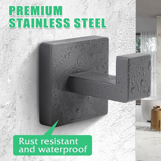 Heavy Duty 33 Lbs Stainless Steel Towel Hooks, Wall Mounted Square Robe Hooks for Bathroom, Kitchen, Bedroom, Hotel 2 Pack Grey