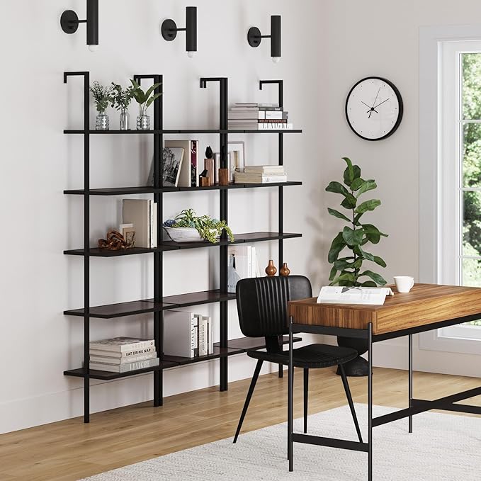 Nathan James Theo 5-Shelf Wood Modern Bookcase, Open Wall Mount Ladder Bookshelf with Industrial Metal Frame, Walnut Brown/Black, Set of 3