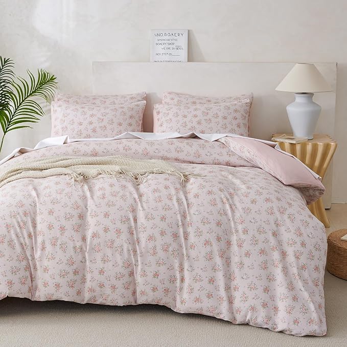 Comforter Set Queen Size Floral Soft 3 Pieces Chic Crinkle Gauze Fabric Garden Style Flower Print Botanical Comforter for All Seasons Luxury Warmth Comfy Breathable with 2 Pillowcases