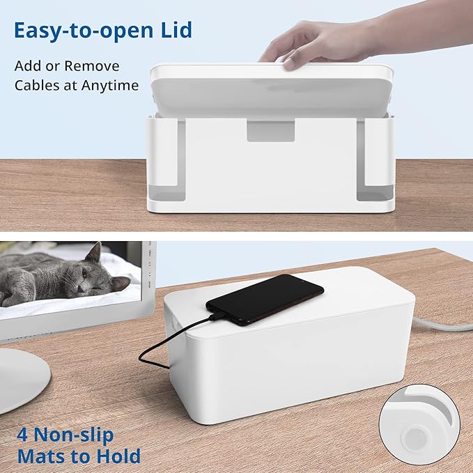 ZhiYo Cable Management Box White, 2Pack Cord Organizer Box - Extra Large and Medium Size, Cord Hider Box to Conceal Power Strips on Desk or Floor, Made from Electrically Safe ABS Material