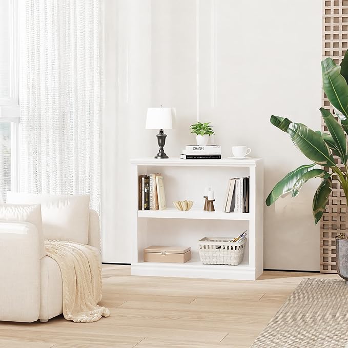 blini 2-Shelf White Bookcase Wooden Bookshelves 33in Wide Floor Standing Display Storage Shelves Low Bookcase for Home Office, Living Room, Bed Room