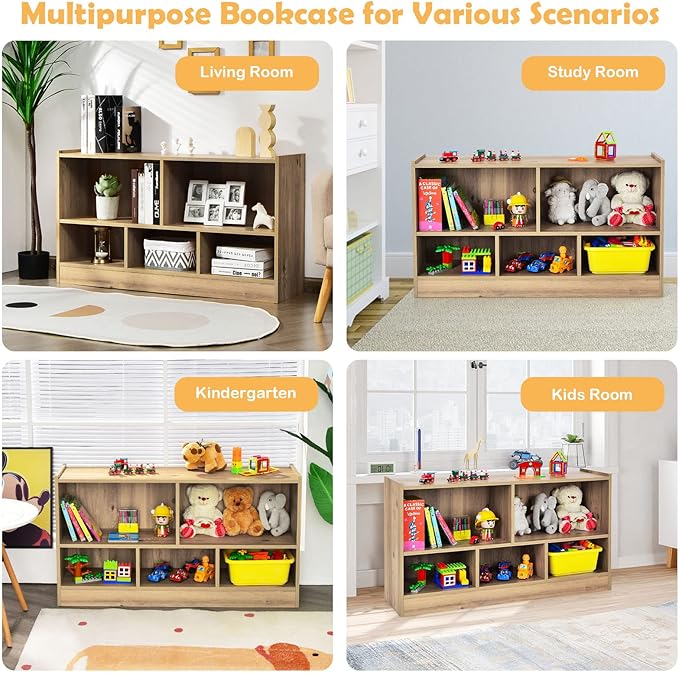 KOTEK Kids Storage Organizer, 5 Cubby Kids Bookshelf, Wooden 2-Layer Bookcase Storage Cabinet, Toy Shelf for Daycare, Nursery, School Classroom, Playroom, Living Room & Bedroom (Natural, 5 Cubes)