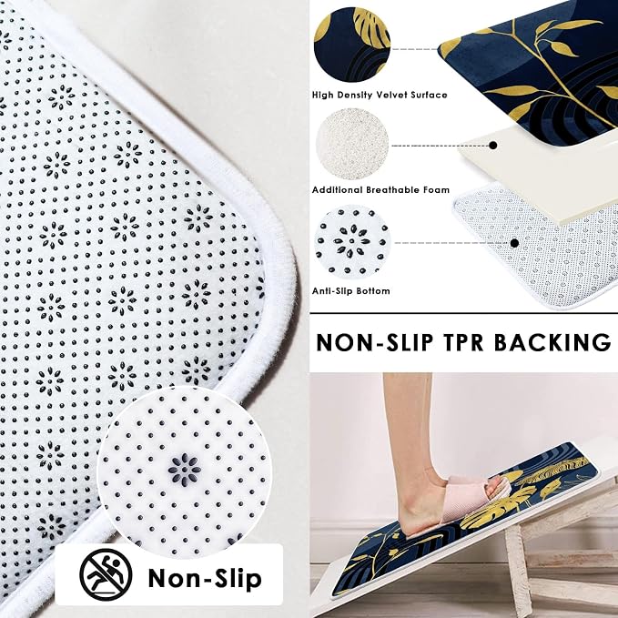 Boho Blue Shower Curtain Set with Toilet Lid Cover and Non-Slip Rugs, Abstract Gold Modern Tropical 4 Pcs Modern Minimalist Vintage Shower Curtain for Bathroom Set with 12 Hooks