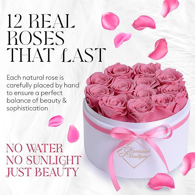GLAMOUR BOUTIQUE Flower Forever Gift Box 12 Real Preserved Roses in Round Velvet White Box, Handmade, Rose Petals, Birthday, Marriage, Anniversary, Graduation - Pink