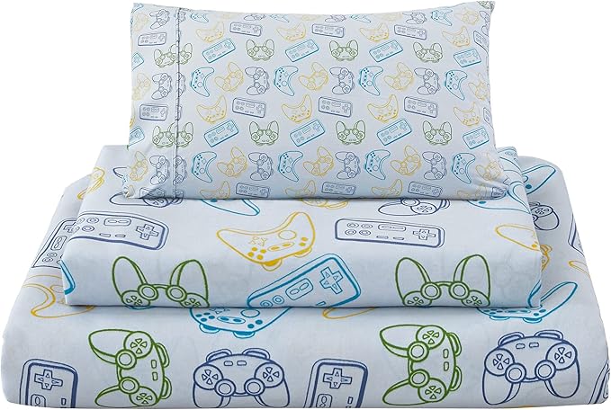 Viviland 3 Pieces Boys Grey Twin Sheet Set - Soft Microfiber Fitted Flat Sheets & Pillowcase - Game Player Paddle Printed Bedding Sets - for Kids & Toddlers