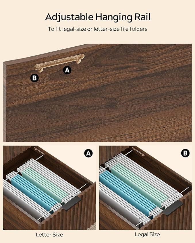 55" Fluted Executive Desk, Modern Home Office Desk with Charging Station, Keyboard Tray, File Drawer, Storage Cabinet, Wood Computer Writing Desk for Work Study Writing, Browm