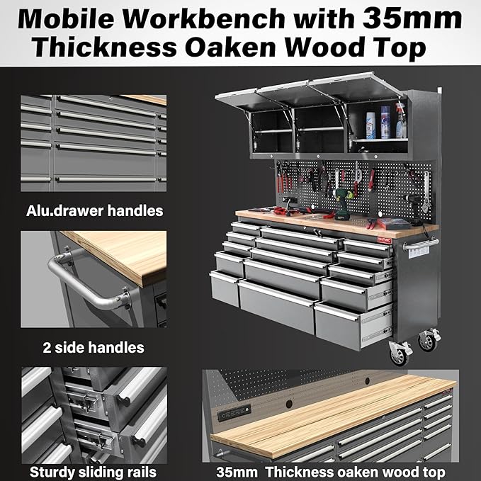 HAUTMEC 72" Rolling Tool Chest, Mobile Garage Workbench, Heavy-Duty Tool Cabinet on Wheels with 15 Drawers, 3 Upper Cabinets, Pegboard & 51 Hooks, Oak Work Surface & Power Strip – HT0428