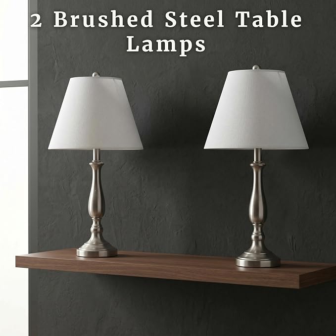 Brushed Steel Table Lamps - Set of 2 Traditional Accent Lights with LED Bulbs - Home Décor for Bedroom, Living Room, Office, or Entry by Lavish Home